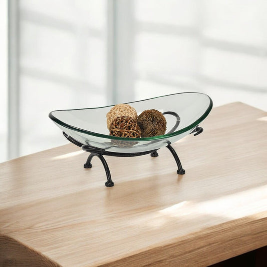 17" Clear And Black Glass And Metal Oval Decorative Bowl With Stand