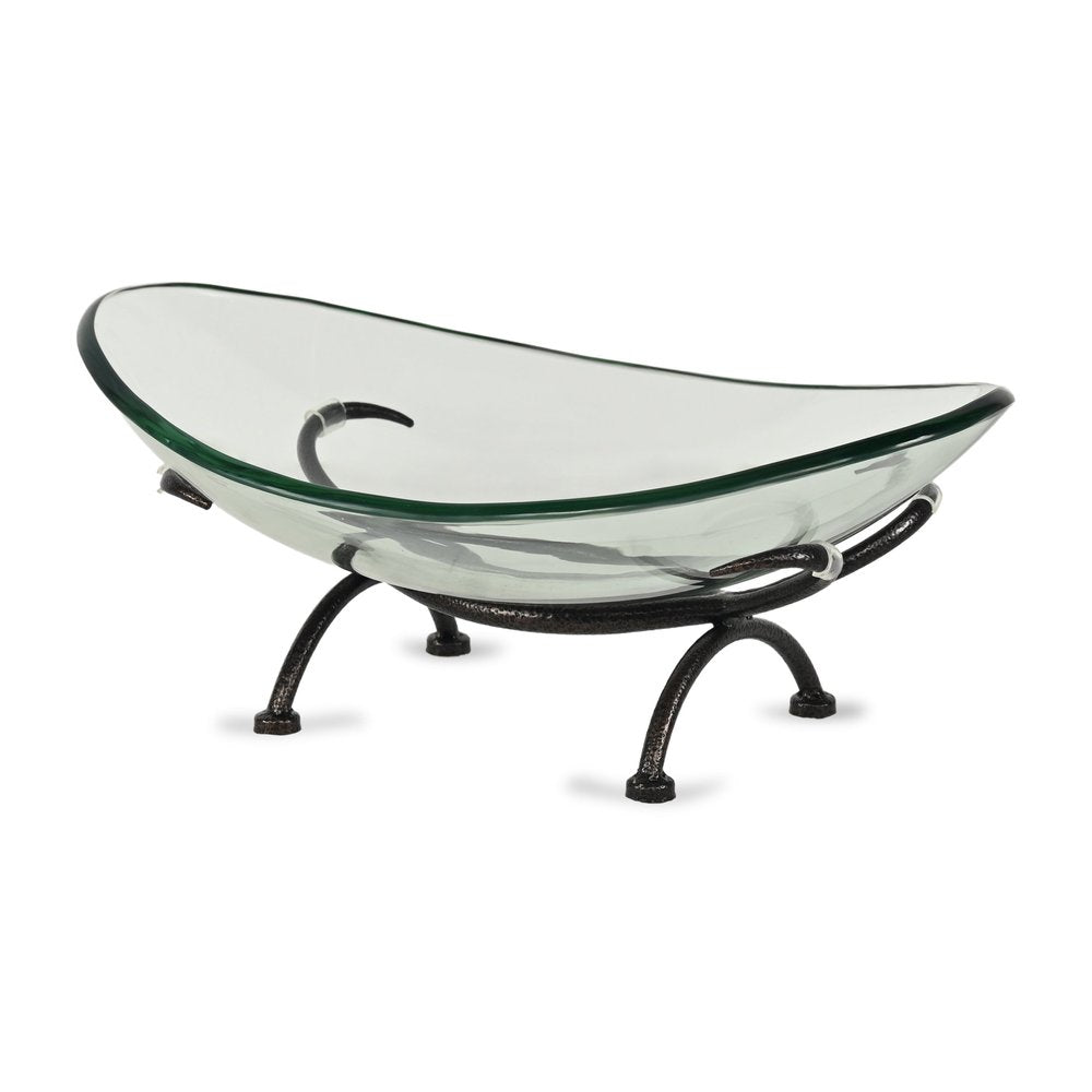 17" Clear And Black Glass And Metal Oval Decorative Bowl With Stand