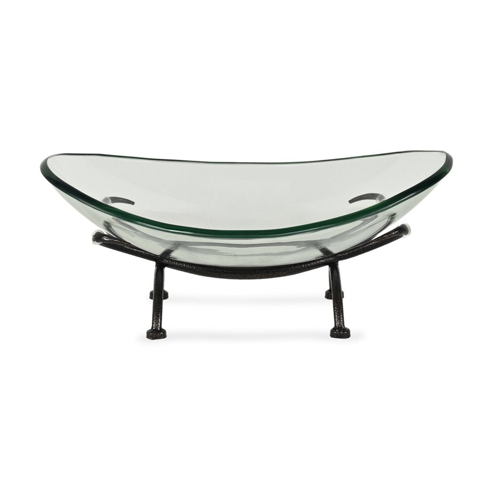 17" Clear And Black Glass And Metal Oval Decorative Bowl With Stand