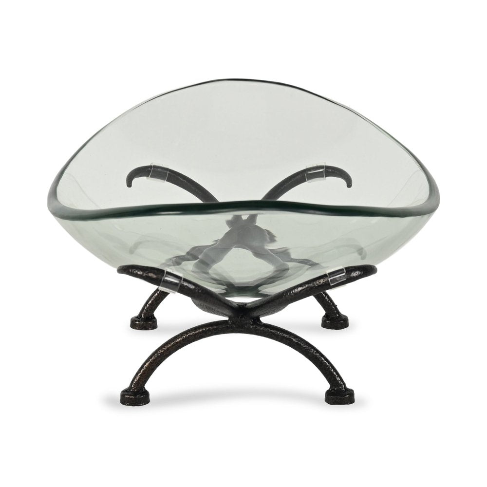 17" Clear And Black Glass And Metal Oval Decorative Bowl With Stand