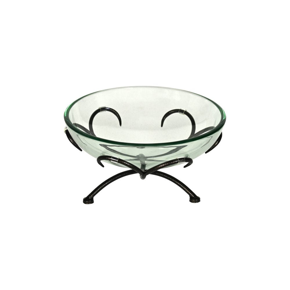 13" Clear And Black Glass And Metal Round Decorative Bowl With Stand