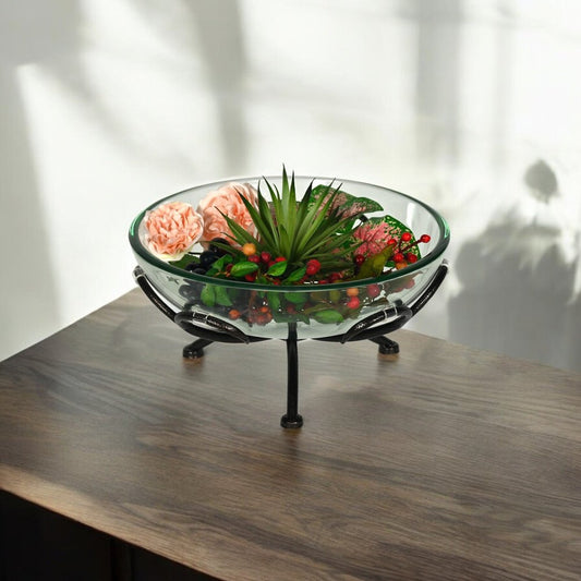 13" Clear And Black Glass And Metal Round Decorative Bowl With Stand