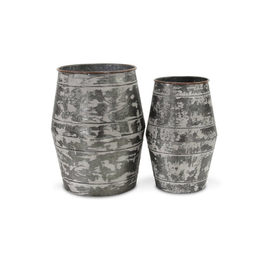 Set of Two Gray Galvanized Metal Cylinder Floor Vases