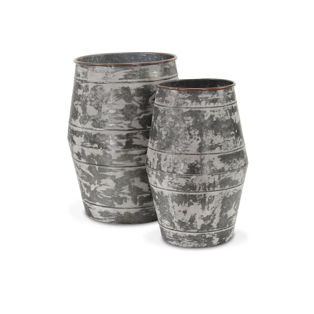 Set of Two Gray Galvanized Metal Cylinder Floor Vases