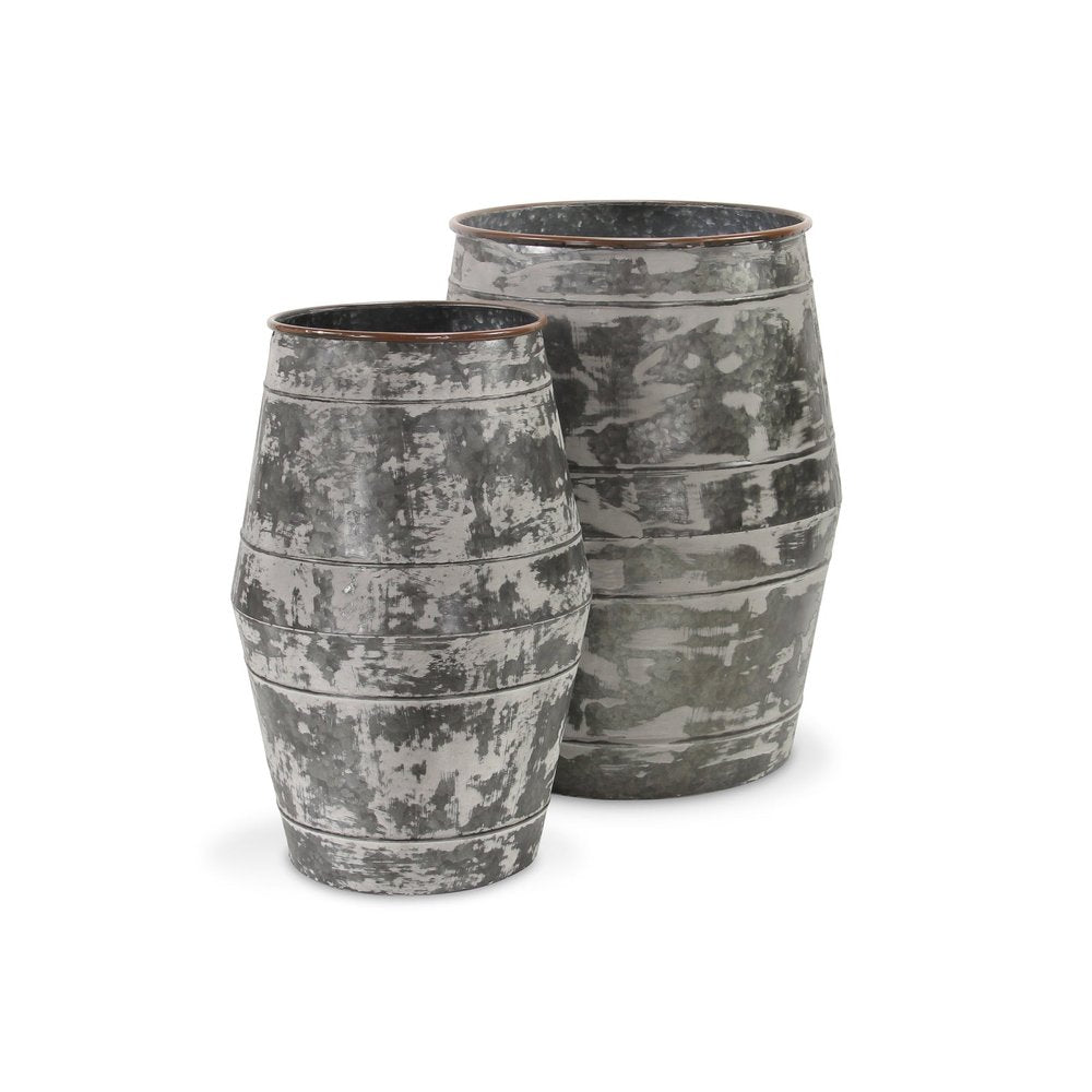 Set of Two Gray Galvanized Metal Cylinder Floor Vases