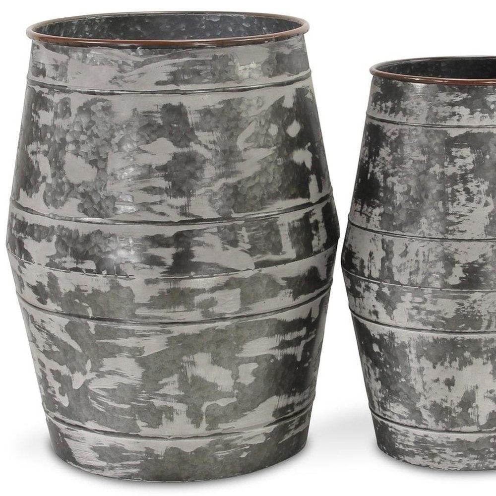 Set of Two Gray Galvanized Metal Cylinder Floor Vases