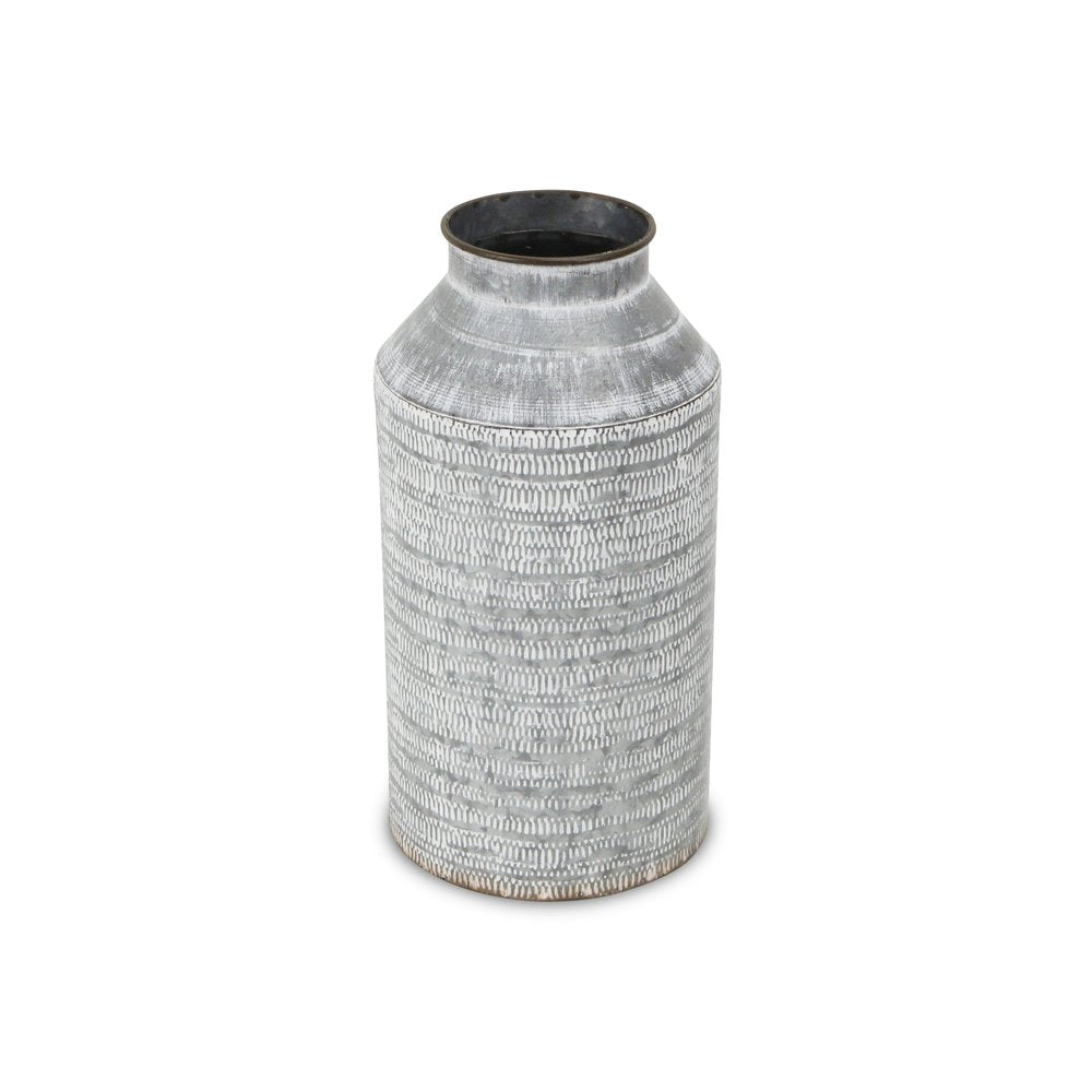 13" Gray Galvanized Metal Geometric Patterned Jug Vase