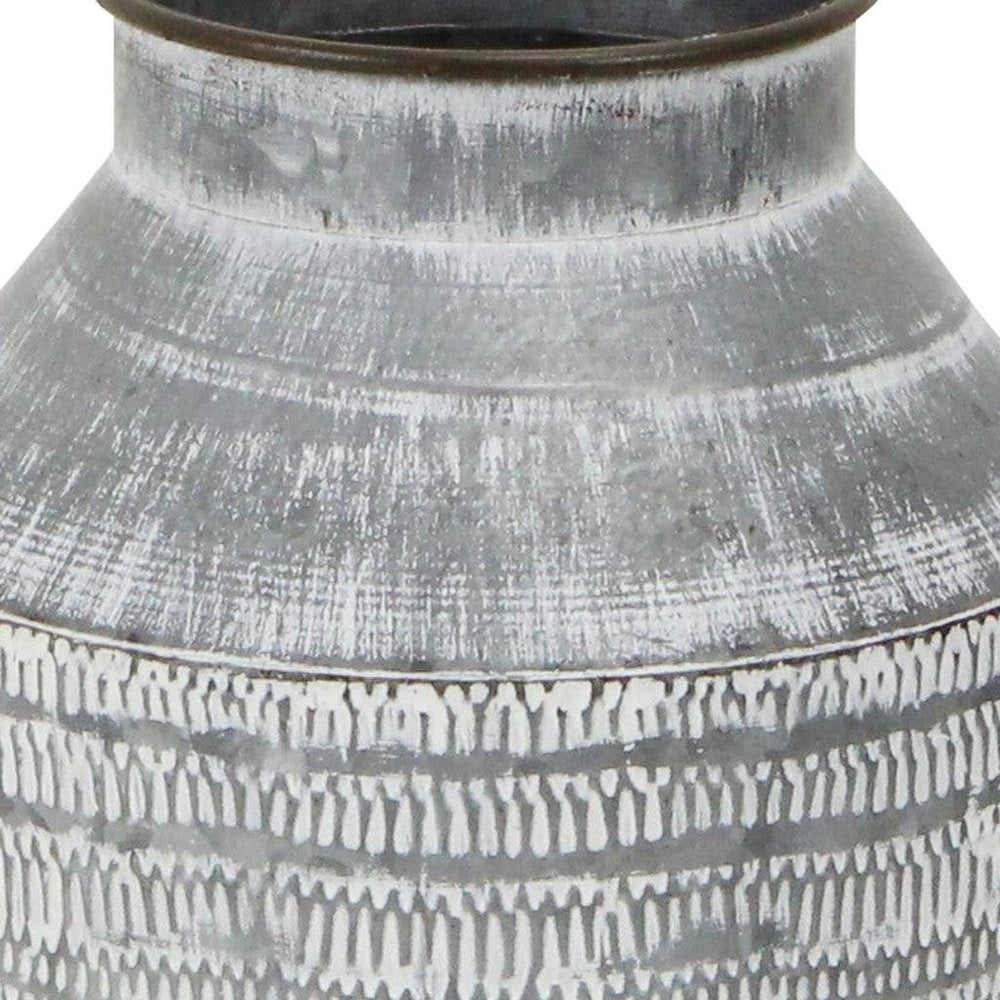 13" Gray Galvanized Metal Geometric Patterned Jug Vase