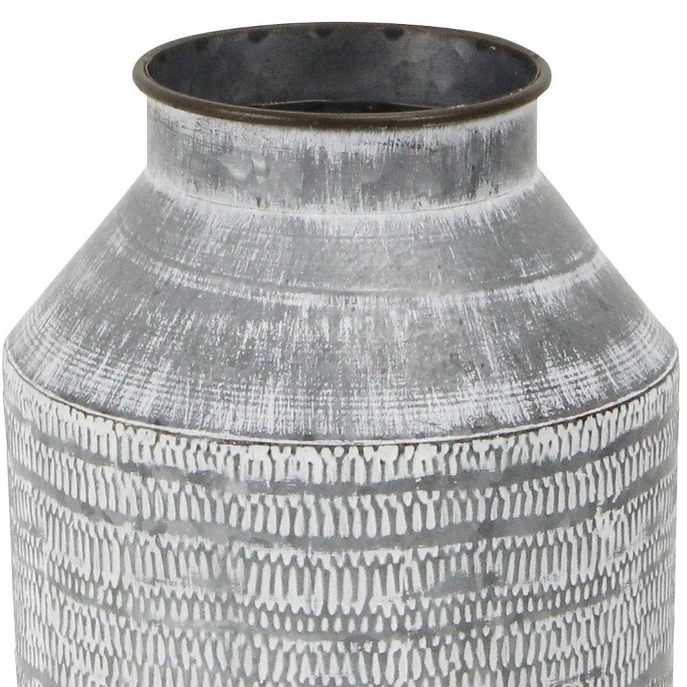 13" Gray Galvanized Metal Geometric Patterned Jug Vase