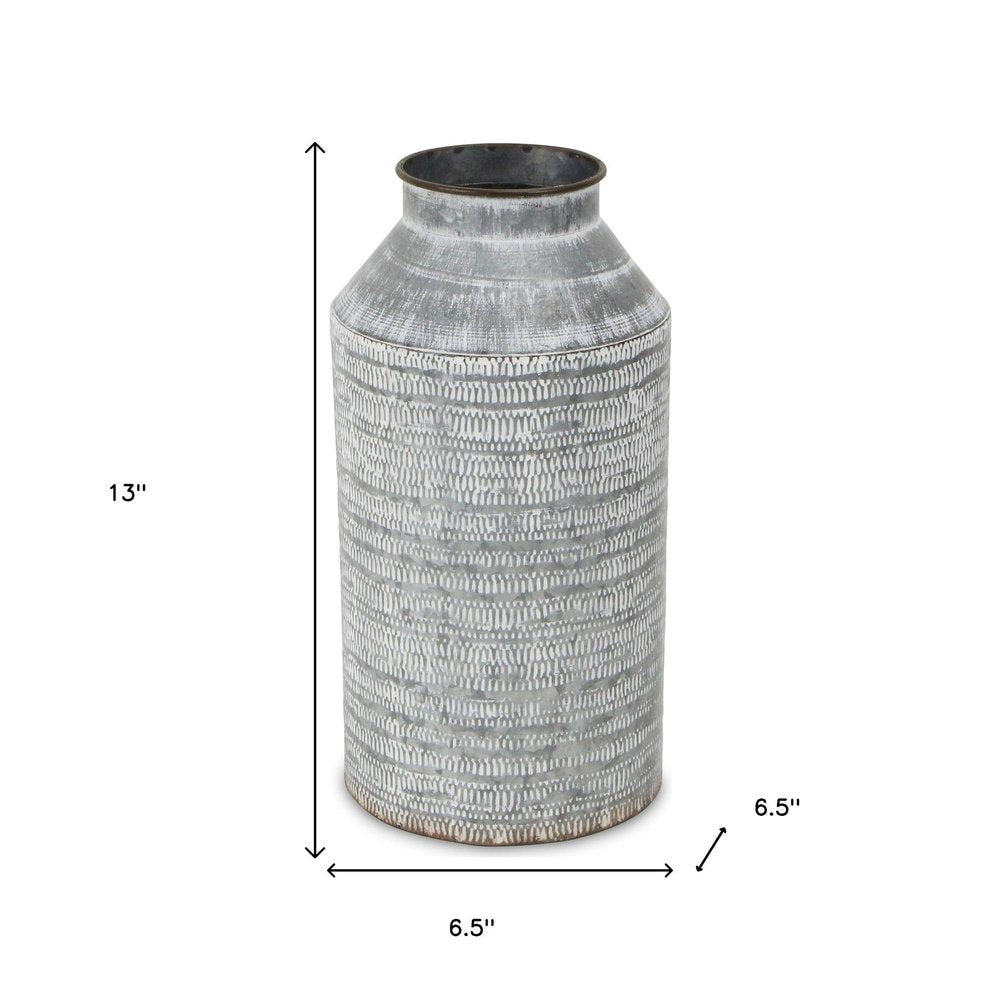 13" Gray Galvanized Metal Geometric Patterned Jug Vase