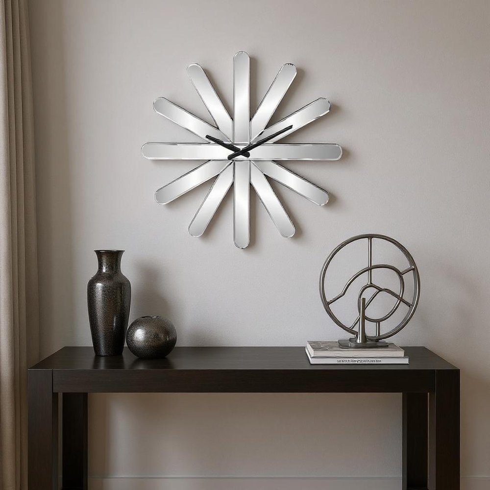 26" Silver Mirrored Glass Silent Analog Starburst Wall Clock