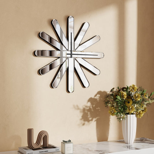 26" Silver Mirrored Glass Silent Analog Starburst Wall Clock
