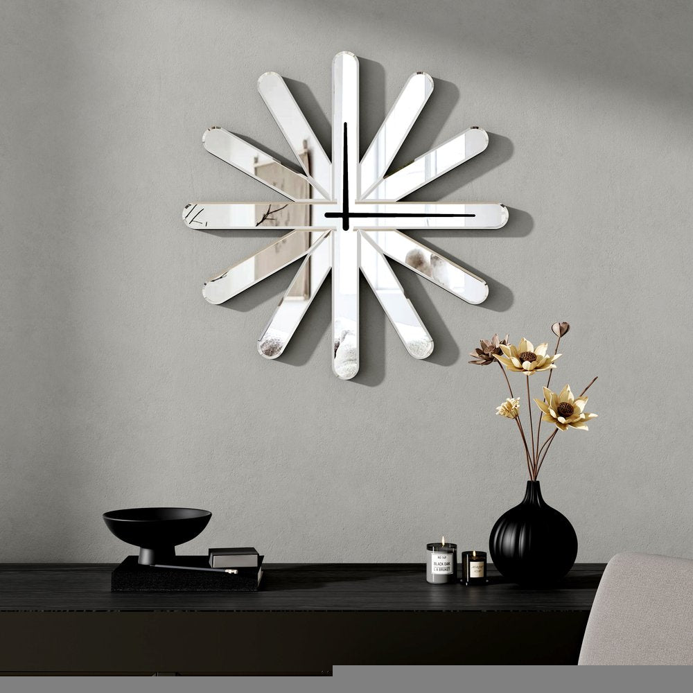 26" Silver Mirrored Glass Silent Analog Starburst Wall Clock