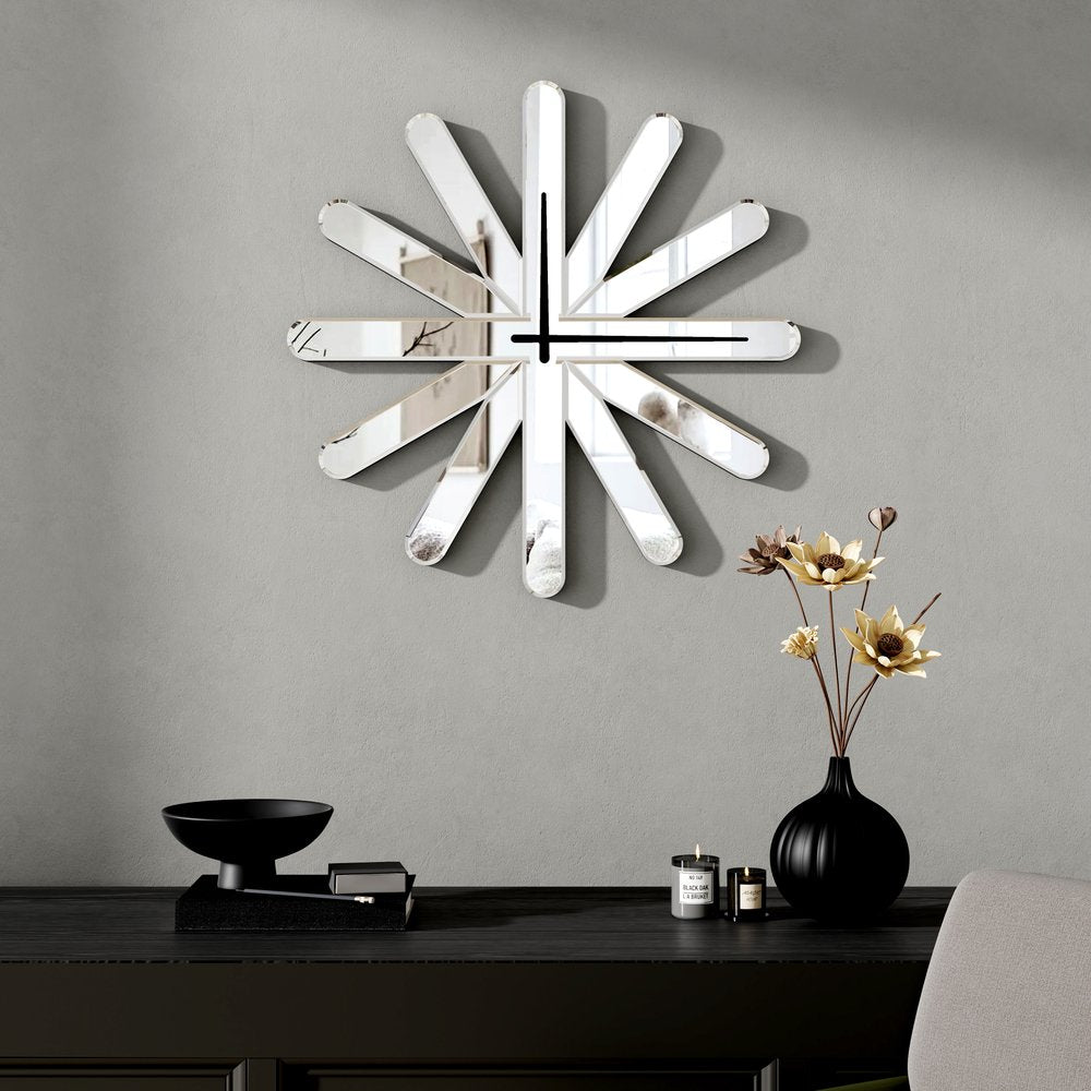 26" Silver Mirrored Glass Silent Analog Starburst Wall Clock