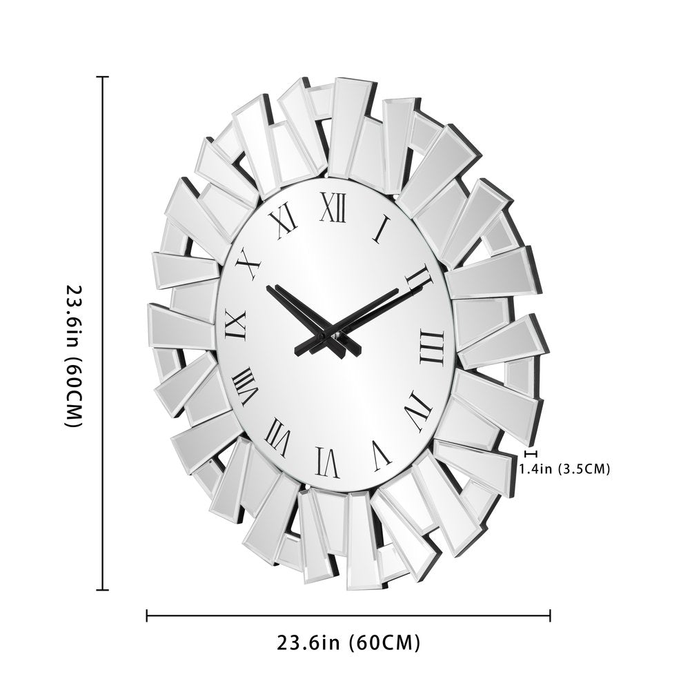 27" Silver Mirrored Glass Silent Analog Sunburst Wall Clock