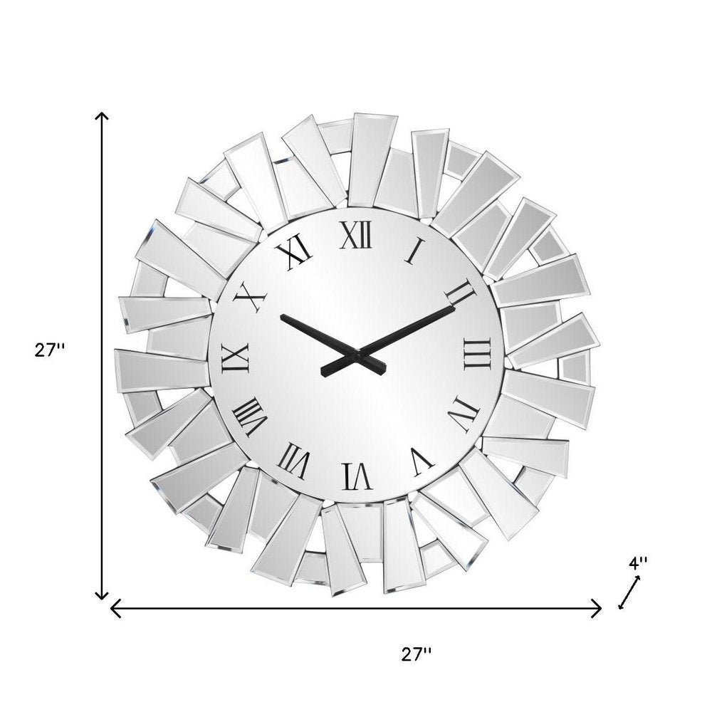 27" Silver Mirrored Glass Silent Analog Sunburst Wall Clock