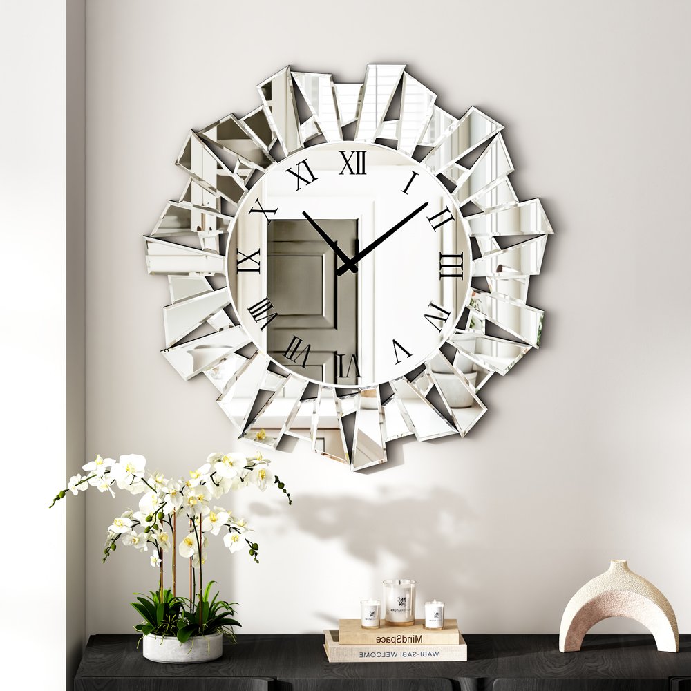 27" Silver Mirrored Glass Silent Analog Sunburst Wall Clock