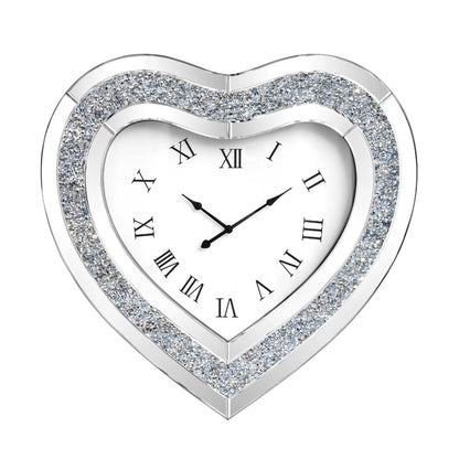 27" Silver Faux Crystal And Mirrored Glass Silent Analog Heart Wall Clock