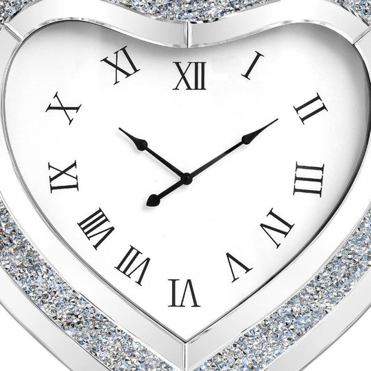 27" Silver Faux Crystal And Mirrored Glass Silent Analog Heart Wall Clock