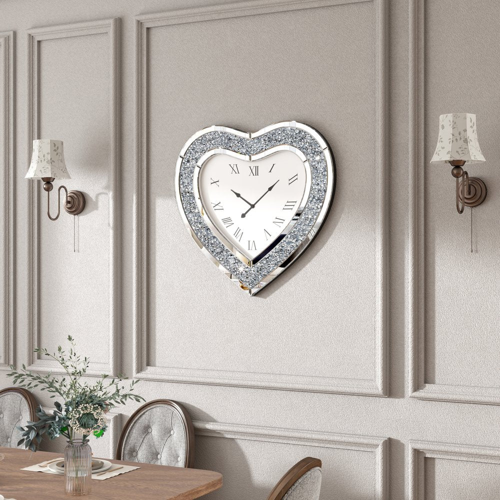 27" Silver Faux Crystal And Mirrored Glass Silent Analog Heart Wall Clock