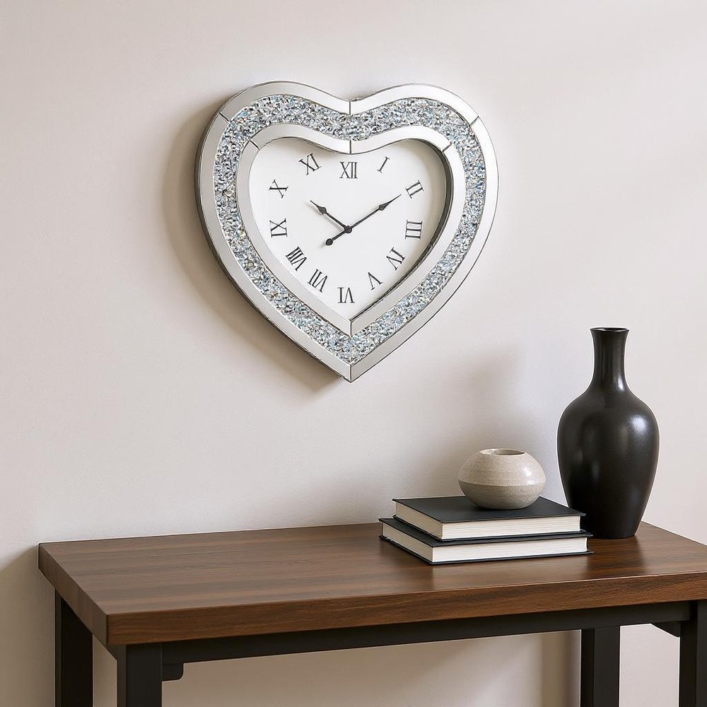 27" Silver Faux Crystal And Mirrored Glass Silent Analog Heart Wall Clock
