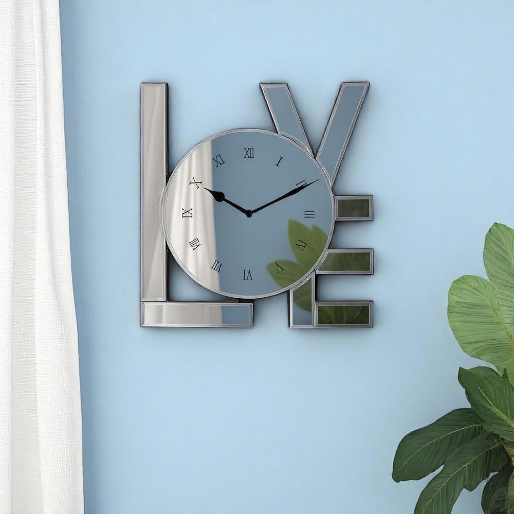 11" Silver Mirrored Glass Love Wall Clock