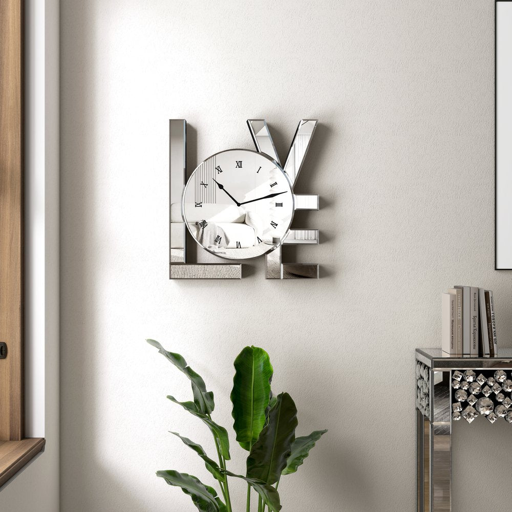 11" Silver Mirrored Glass Love Wall Clock