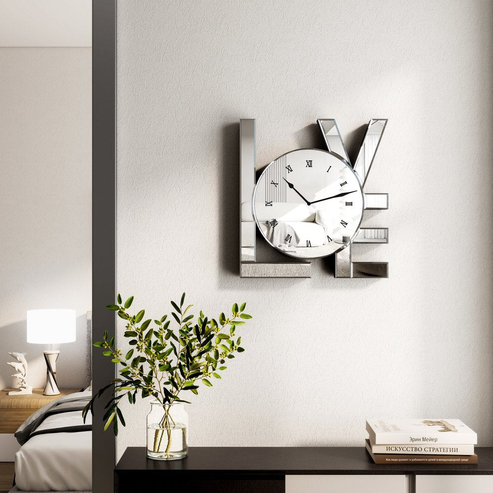 11" Silver Mirrored Glass Love Wall Clock