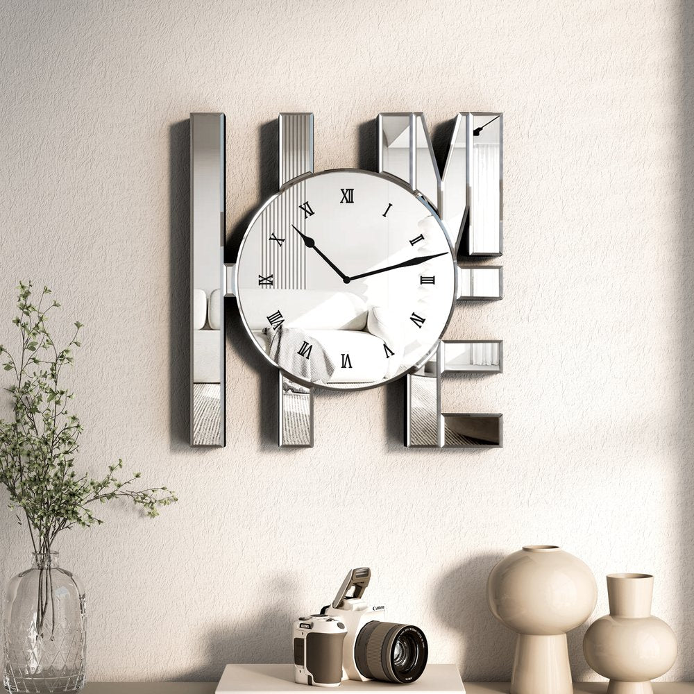 14" Silver Mirrored Glass Silent Analog Home Wall Clock