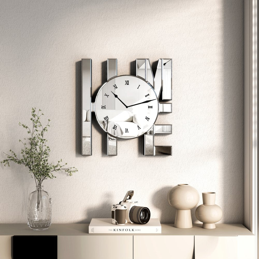 14" Silver Mirrored Glass Silent Analog Home Wall Clock