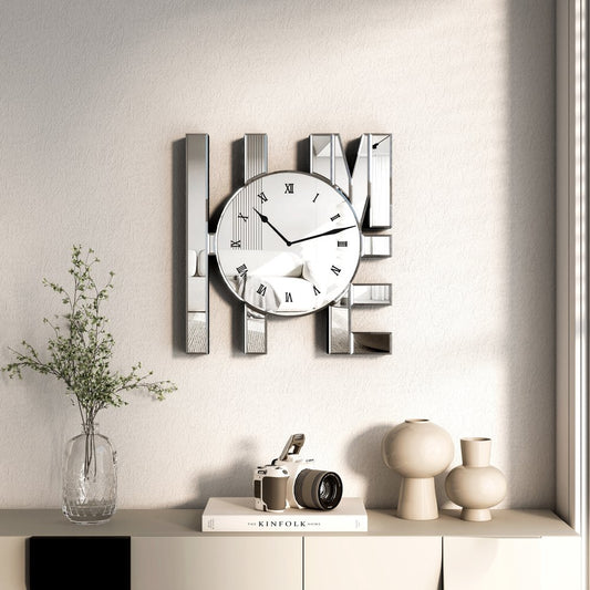 14" Silver Mirrored Glass Silent Analog Home Wall Clock