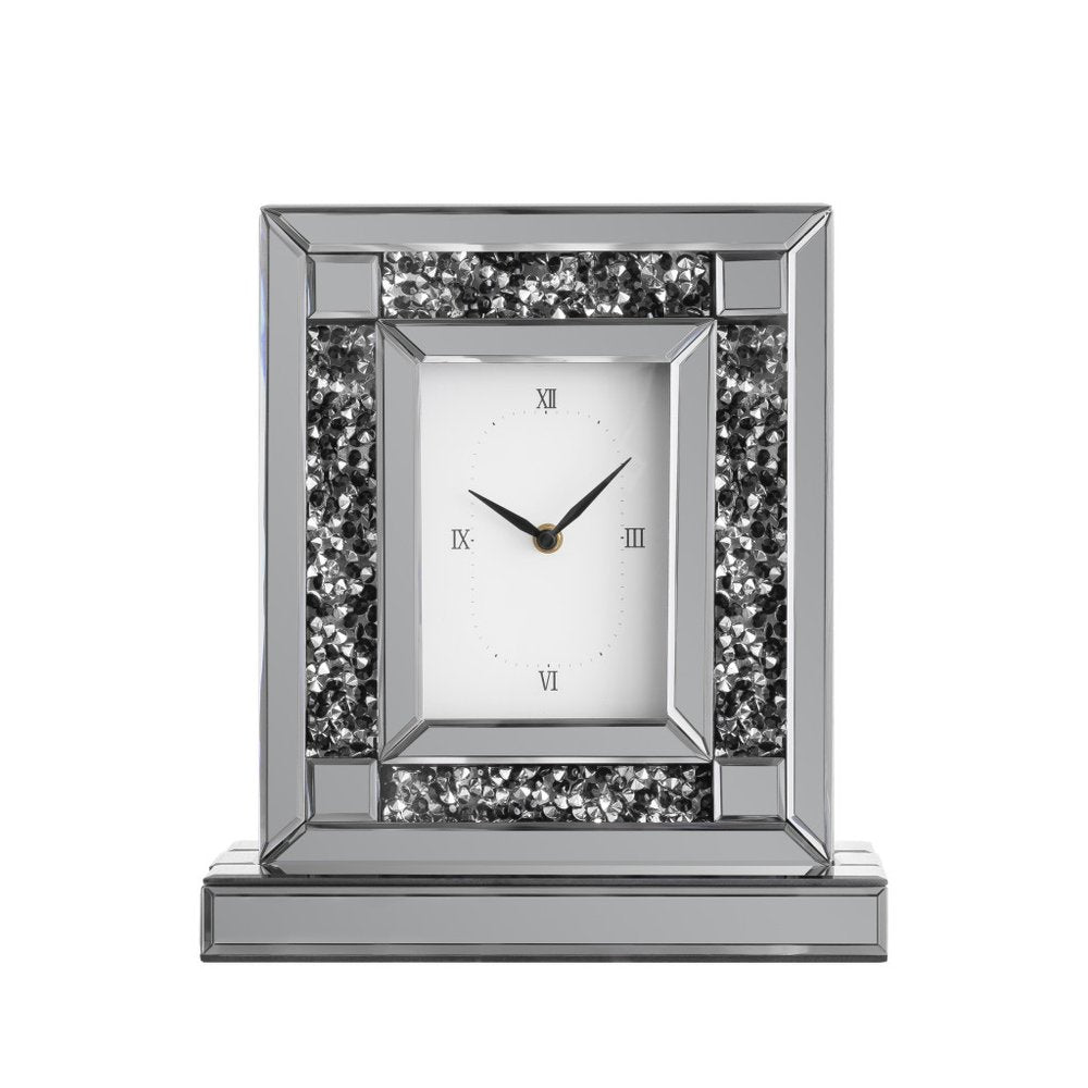 16" Silver And Black Faux Crystal And Mirrored Glass Table Clock