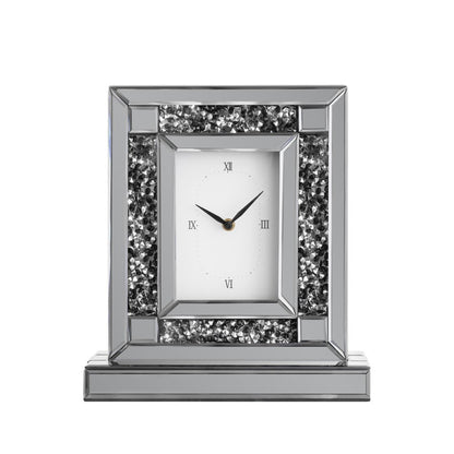 16" Silver And Black Faux Crystal And Mirrored Glass Table Clock