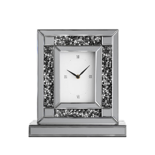 16" Silver And Black Faux Crystal And Mirrored Glass Table Clock