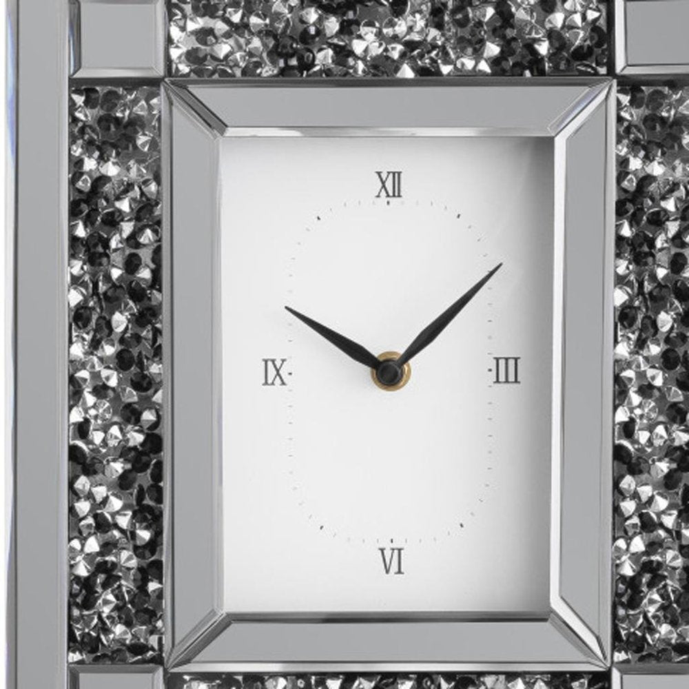 16" Silver And Black Faux Crystal And Mirrored Glass Table Clock