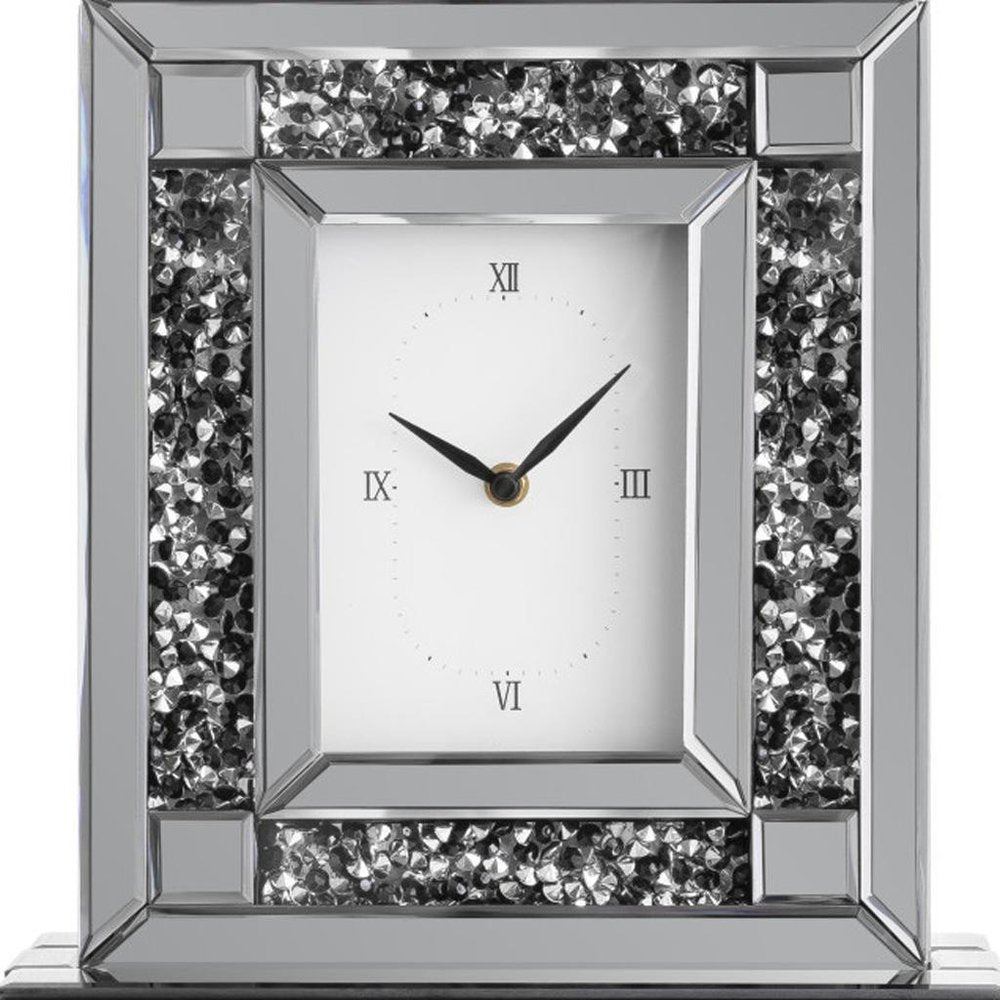 16" Silver And Black Faux Crystal And Mirrored Glass Table Clock