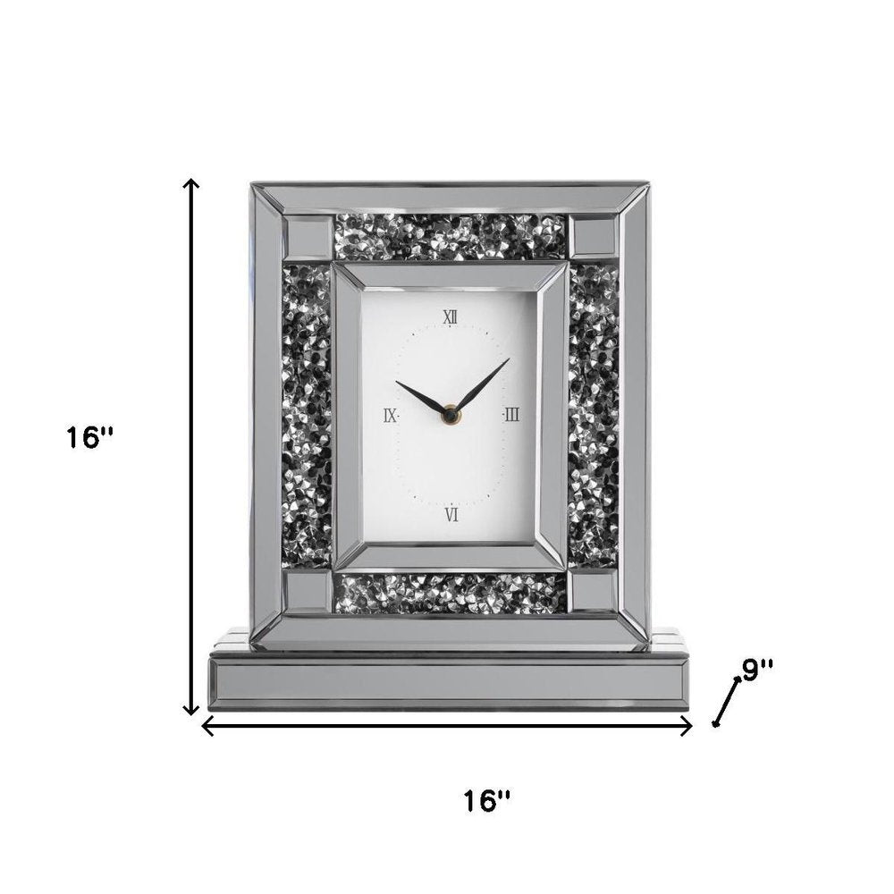 16" Silver And Black Faux Crystal And Mirrored Glass Table Clock