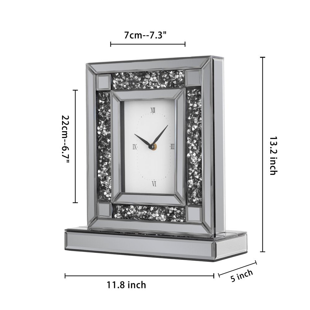 16" Silver And Black Faux Crystal And Mirrored Glass Table Clock