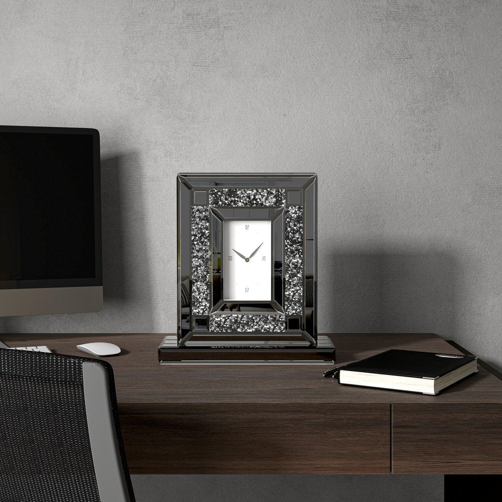 16" Silver And Black Faux Crystal And Mirrored Glass Table Clock