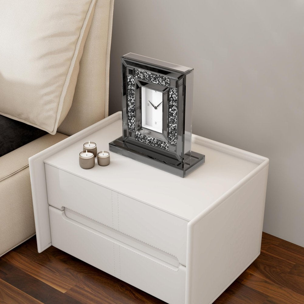 16" Silver And Black Faux Crystal And Mirrored Glass Table Clock