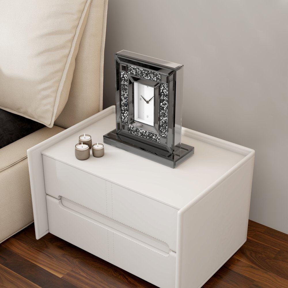 16" Silver And Black Faux Crystal And Mirrored Glass Table Clock