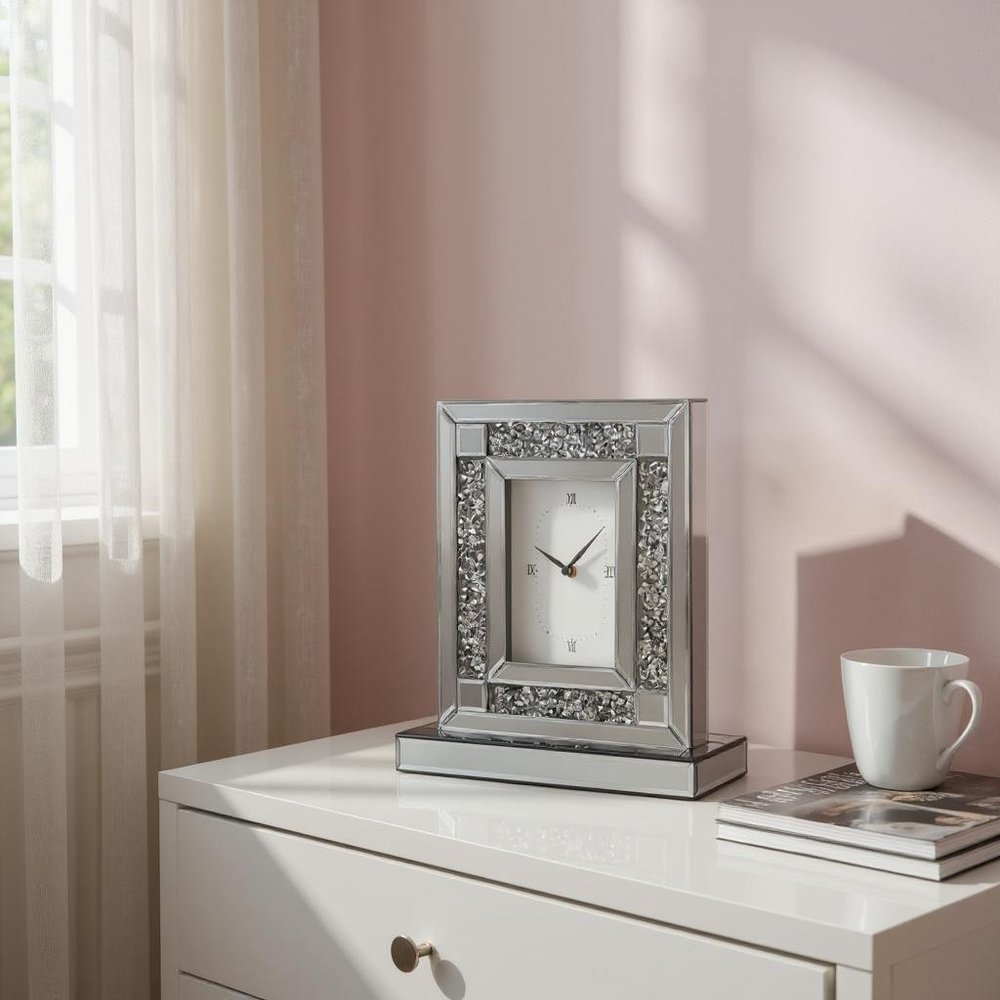 16" Silver And Black Faux Crystal And Mirrored Glass Table Clock