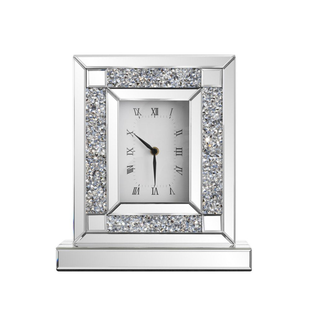 16" Silver And White Faux Crystal And Mirrored Glass Table Clock