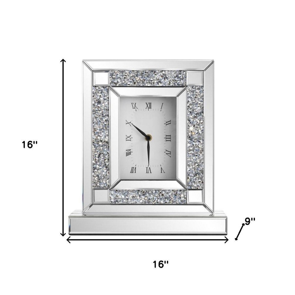 16" Silver And White Faux Crystal And Mirrored Glass Table Clock