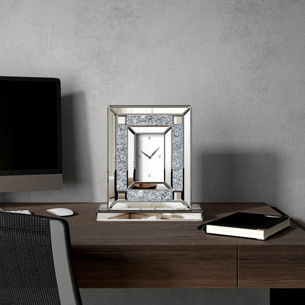 16" Silver And White Faux Crystal And Mirrored Glass Table Clock