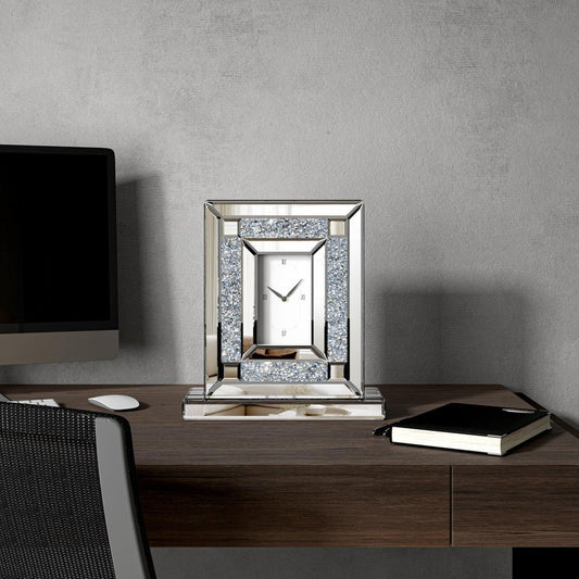 16" Silver And White Faux Crystal And Mirrored Glass Table Clock