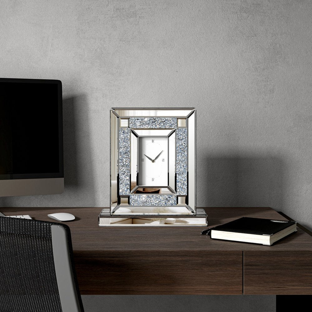 16" Silver And White Faux Crystal And Mirrored Glass Table Clock