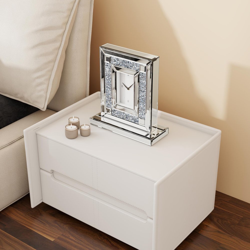 16" Silver And White Faux Crystal And Mirrored Glass Table Clock