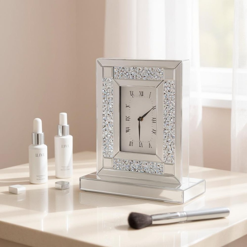 16" Silver And White Faux Crystal And Mirrored Glass Table Clock
