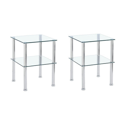 Set of Two Clear and Silver Glass and Metal Square End Tables With Shelf